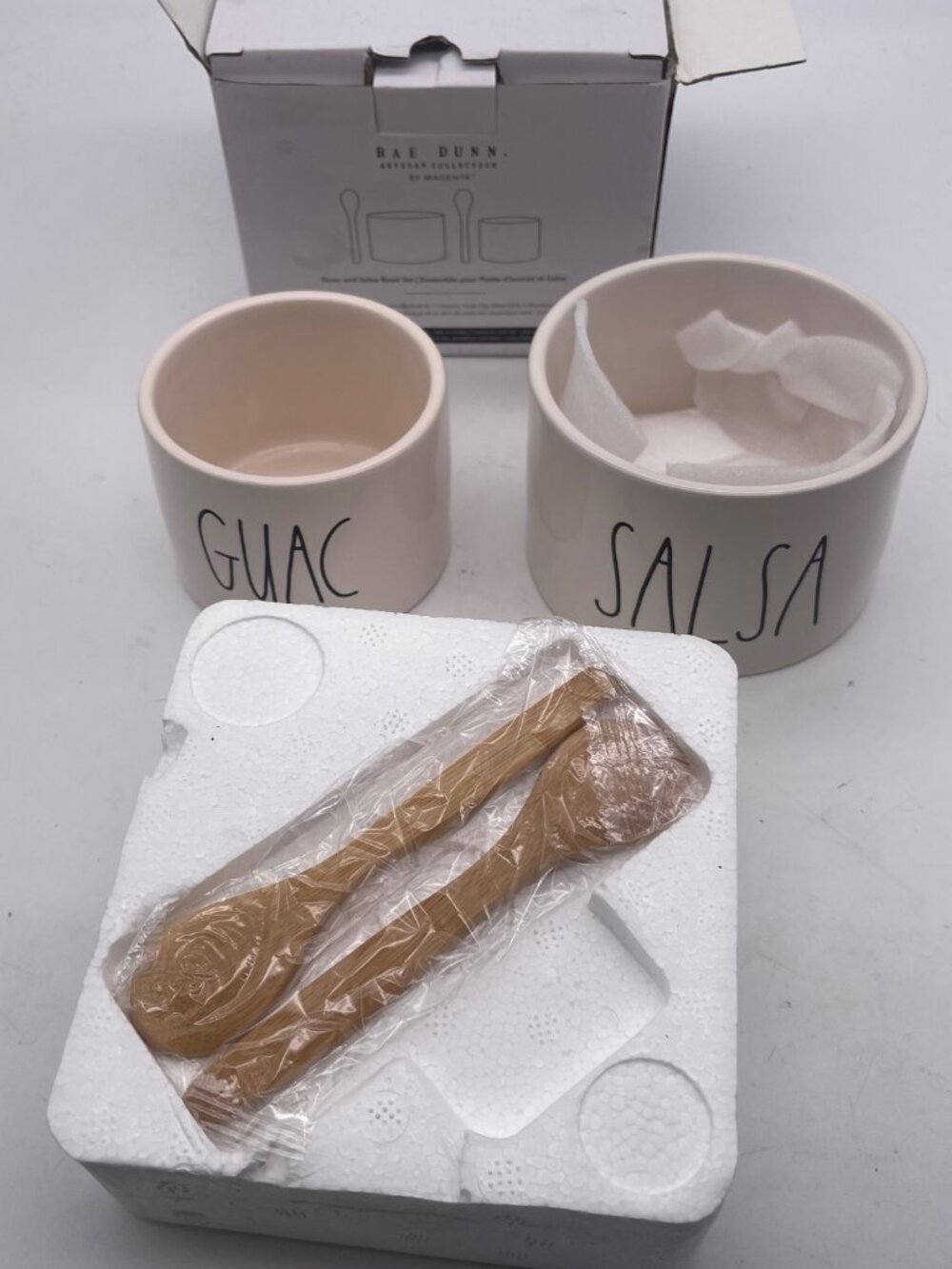 Rae Dunn Guac And Salsa Bowl Set With 2 Bamboo Spoons By Magenta New-Open Box O